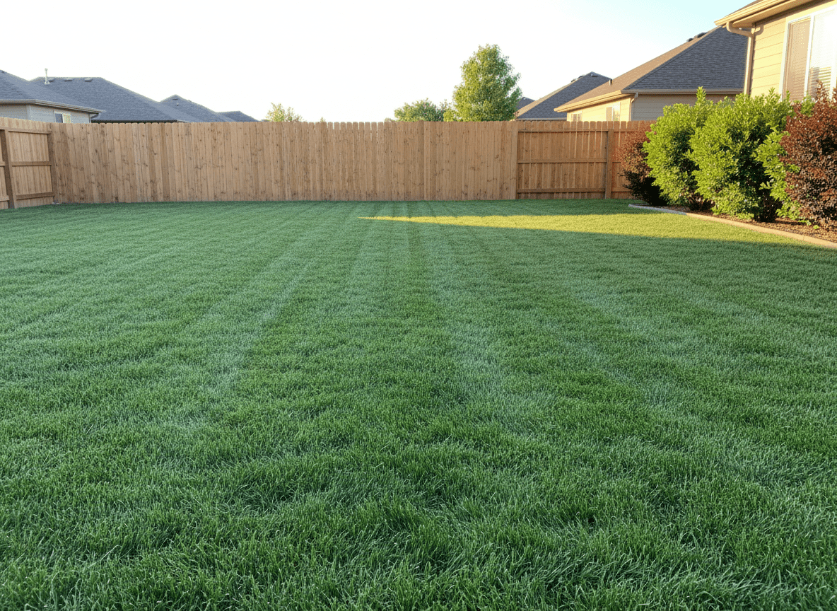 A spotless, well-maintained suburban backyard lawn in Davis County, Utah, freshly cleaned of any dog waste, with lush, evenly cut green grass stretching across the frame. A sturdy wooden privacy fence with a soft tan stain borders the yard, and a neatly arranged row of shrubs lines one side. Late afternoon natural light casts a warm, golden glow, creating soft shadows that emphasize the cleanliness of the space. Photographed at eye level with sharp focus throughout, the composition highlights the pristine ground surface. The mood is professional, reassuring, and hygienic, conveying a sense of relief and order after a thorough pet waste removal service, in clean, photographic realism.